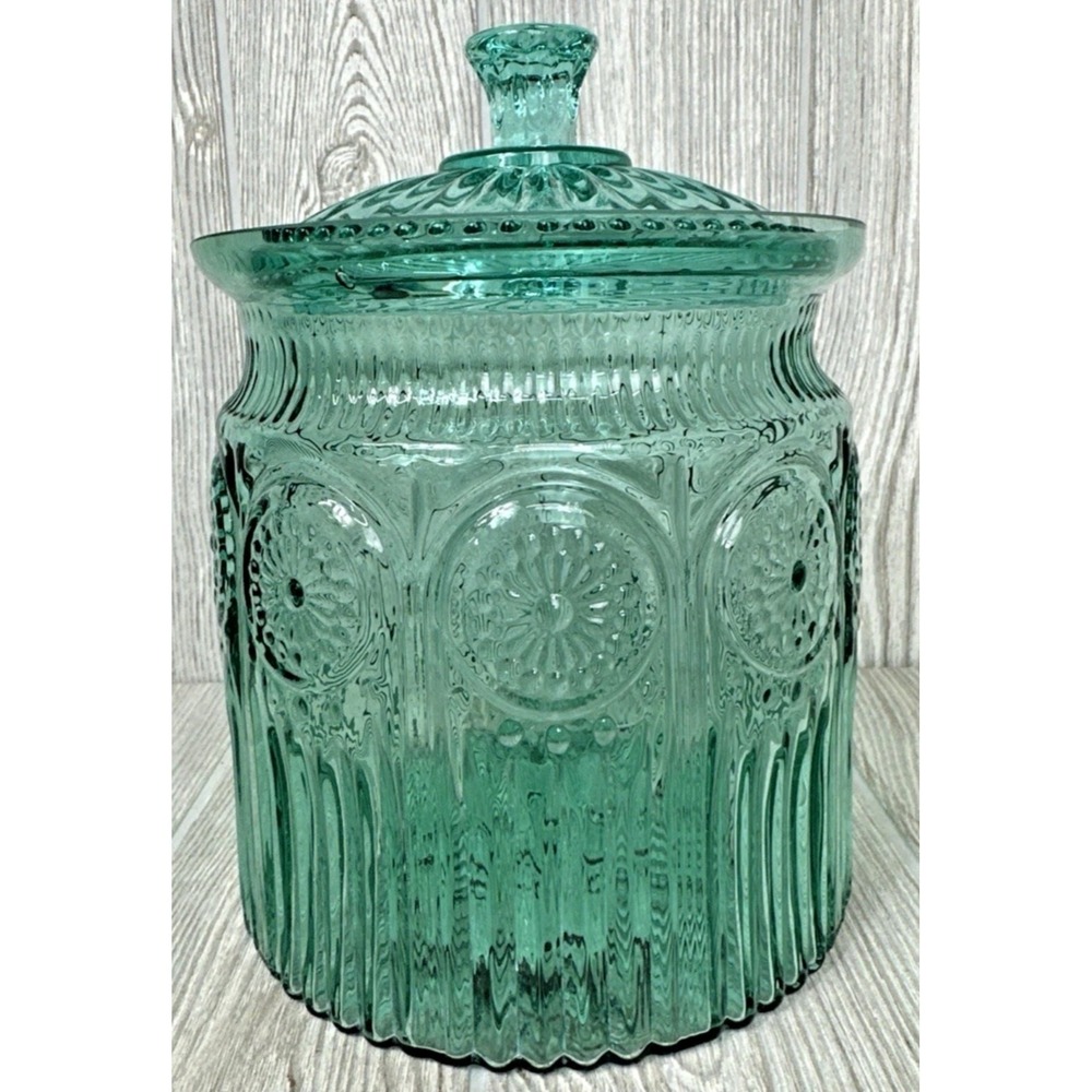The Pioneer Woman Adeline Turquoise Pressed Glass Lidded Cookie Jar Embossed